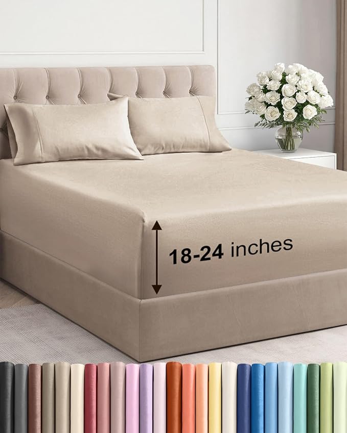 Extra Deep Queen Sheet Set - 4 Piece Breathable, Cooling Bed Sheets - Wheat | Easily Fits 18 to 24 inch Mattress - Ultra Soft, Wrinkle & Fade Free with Extra Deep Pockets - Comfy Hotel Luxury Bedding