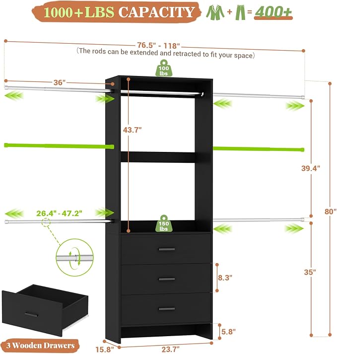 Aheaplus Closet System, 4.2-9Ft Closet Organizer with Wooden Drawers, Black | for Walk in Closet, Wardrobe Clothes Rack with 4 Hanging Rods, Garment Rack