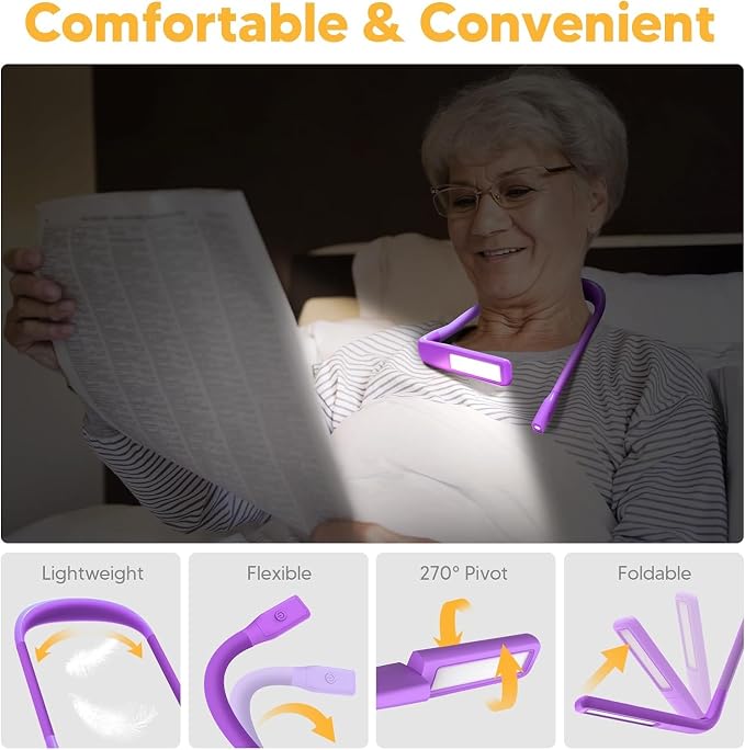 Reading Light, 3 Colors Stepless Dimming Neck Light, Book Lamp | Rechargeable Book Light for Reading at Night, Dual Lamps, 80H Lasting, Hands-Free Knitting, Crochet, Sewing, Crafting, Crafts