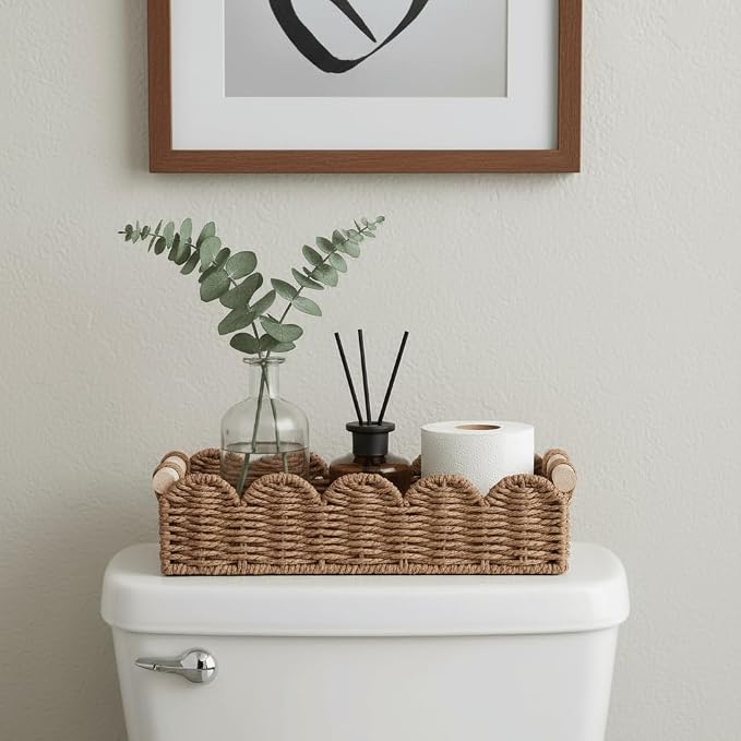CubesLand Toilet Paper Storage Basket Organizer, Small Wicker Decor Basket | Toilet Tank Top Decorative Basket for Countertop, Handwoven Scalloped Basket W/Handle for Home Decor Living Room, Neutral