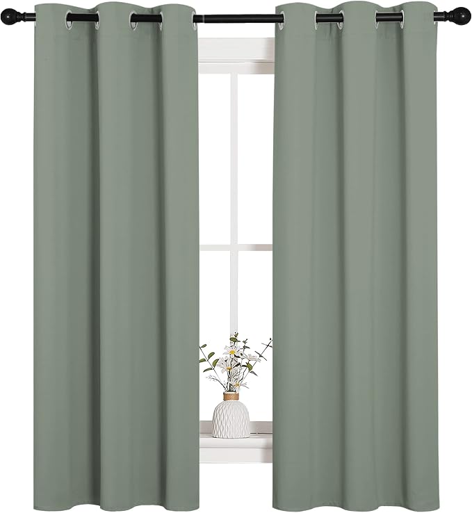 NICETOWN Sage Green Blackout Curtains for Bedroom 34" w x 63" L 2 Panels | Thermal Insulated Solid Grommet Draperies Drapes, Light Blocking Room Darkening Noise Reducing for Kitchen Living Room Decor