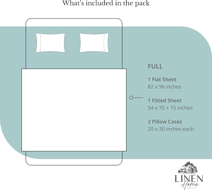 Linen Home 100% Cotton Percale Sheets Full Size, Aqua Blue, Deep Pocket, 4 Pieces Set - 1 Flat, 1 Deep Pocket Fitted Sheet and 2 Pillowcases, Crisp Cool and Strong Bed Linen