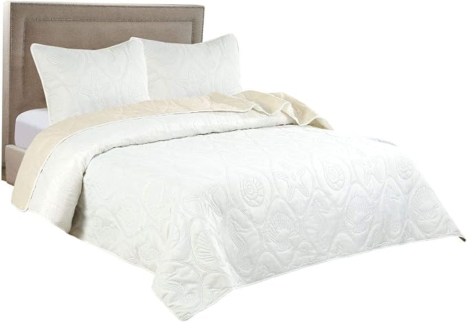 Legacy Decor 3 PCS Shell & Seahorse Reversible All Season Bedspread Quilt Coverlet Oversize Ivory & White Color, Queen Size