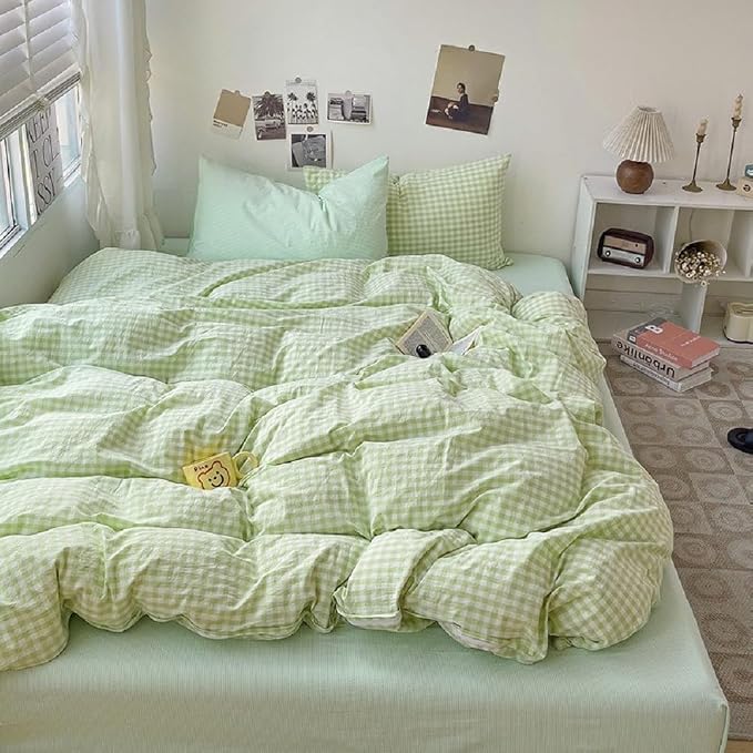 LifeTB Green Gingham Comforter Set King 3 Pieces Green Plaid Grid Bedding Comforter Geometric Checkered Pattern Comforter Set with 2 Pillowcases Fluffy Soft Farmhouse Plaid Gingham Bedding Set