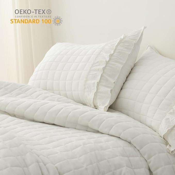 HORIMOTE HOME Ivory Ruffled Quilt Set King Size, Classic Geometric Square Stitched Pattern, Pre-Washed Farmhouse Shabby Chic Microfiber Lightweight Bedding Set Bedspread Coverlet for All Season