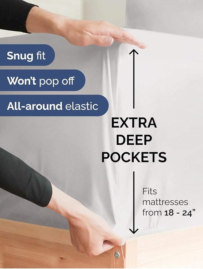 Extra Deep Cal King Sheet Set - 4 Piece Breathable & Cooling - French Grey | Easily Fits 18 to 24 inch Mattress, Ultra Soft, Wrinkle & Fade Free with Extra Deep Pockets, Comfy Hotel Luxury Bedding