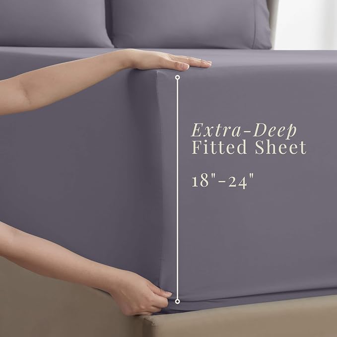 Hearth & Harbor Bed Sheets, Luxury Soft 6 Piece Bed Sheet Set Extra Deep Pocket Fitted Sheets Fits Mattress up to 21", Double Brushed Bedding Sheets & Pillowcases, King Purplish Gray
