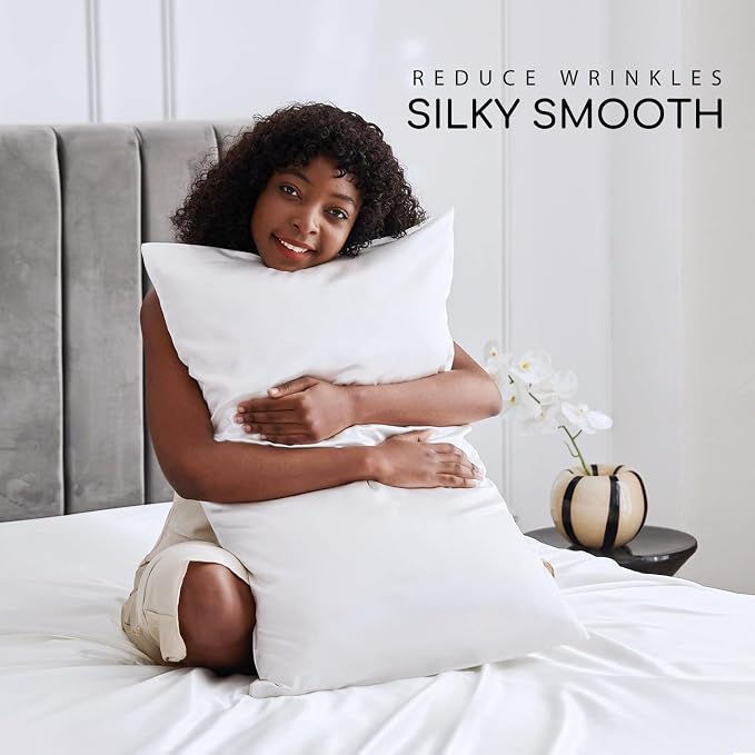 MR&HM Satin Sheets California King Size Sheet Set, White, 4 Pieces | Silky Bed Sheets with Elastic Corner Straps, 15" Deep Pocket, Similar to Silk, Gentle on Skin and Hair, Soft & Cooling