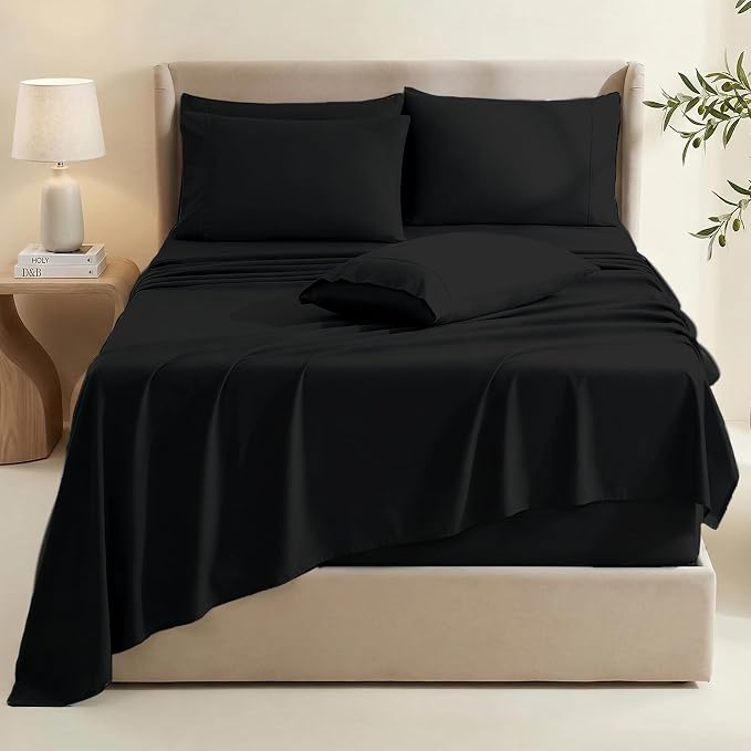 Hearth & Harbor Extra Deep Pocket Sheets - Fits Mattress 18-24 Inches Deep - Extra Deep Pocket Twin XL Sheets Sets - 4 Piece Twin XL Size - Black