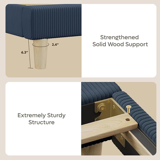 Bestier Full Bed Frame with Adjustable Headboard,LED Light,Blue | Vertical Channel Corduroy Upholstered,Easy Assembly,LED Lighting Headboard,No Squeaks,Wood Slats Support,No Box Spring Needed