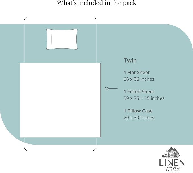 Linen Home 100% Cotton Percale Sheets Twin Size, Aqua Blue, Deep Pocket, 3 Pieces Set - 1 Flat, 1 Deep Pocket Fitted Sheet and 1 Pillowcase, Crisp Cool and Strong Bed Linen