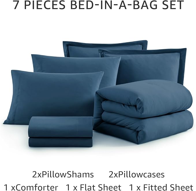 King Size Comforter Set- 7 Pieces Prewashed Bed in a Bag King Bedding Sets | Soft All Season Comforter with Sheets, Pillow Shams & Pillowcases,Serenity Blue