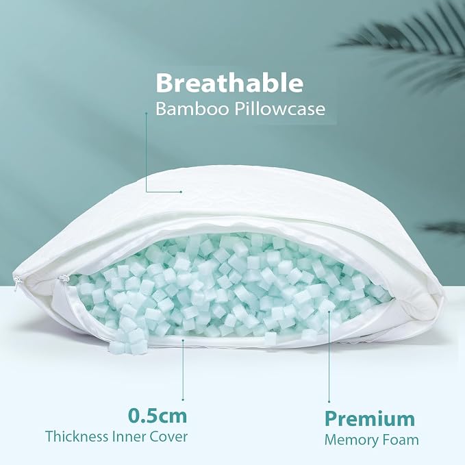 Queen Size Bed Pillow for Sleeping Shredded Memory Foam Adjustable Loft Pillows with Cooling Washable Pillow Case, 20x30 inches (White, Queen 1-Pack)