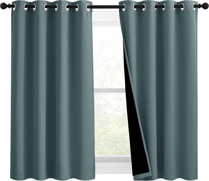 NICETOWN 100% Blackout Curtains 54 inches Long, Double-Deck Completely Blackout Window Treatment Thermal Insulated Lined Drapes for Small Window (Greyish Blue, 1 Pair, 46 inches Width Each Panel)
