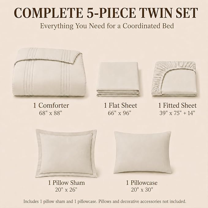Twin Comforter Set Beige - 5 Pieces Complete Bedding Set | College Dorm Essentials, OEKO-TEX Certified, 240GSM Down-Alternative Comforter, 14" Deep-Pocket Sheets, Sham & Pillowcase