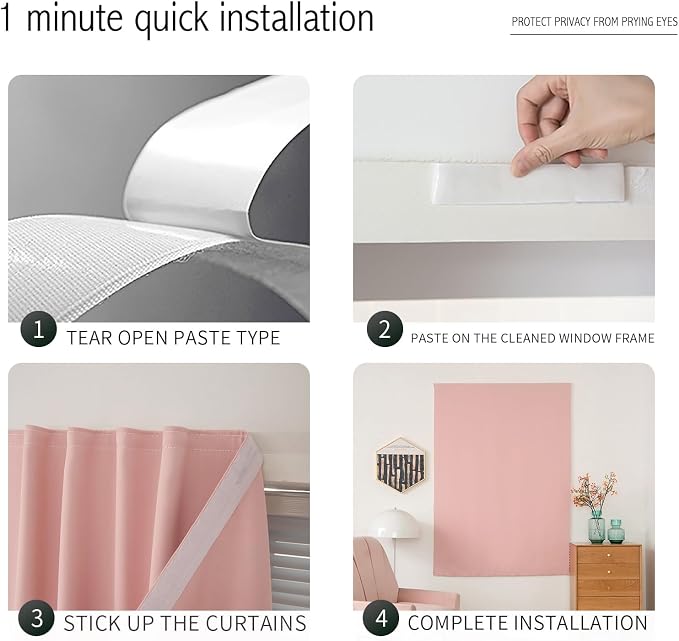 Self Adhesive Blackout Curtains- Stick on Curtains Shades Window Blinds Curtains No Rod Needed Easy to Hang Curtains, Use for Bedroom, Living Room,roman shades, 59"W X 71"L, Pink, 2 Panels