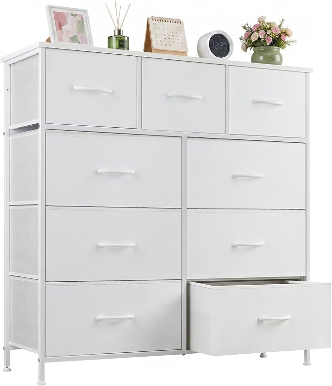 9-Drawer Dresser for Bedroom, Anti-Tip Tall Storage Organizer | Chest of Drawers with Wooden Top and Metal Frame Fabric Bins for Closet, Living Room, Hallway, Entryway, Ivory White
