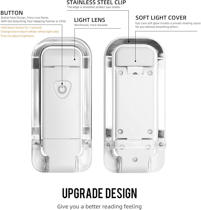 EGWASER Book Reading Light, Portable USB Rechargeable LED Clip on Book Lights for Reading in Bed, 3 Brightness Adjustable Dimmable Bookmark Light for Eye-Protection, Reading Lamp (White)