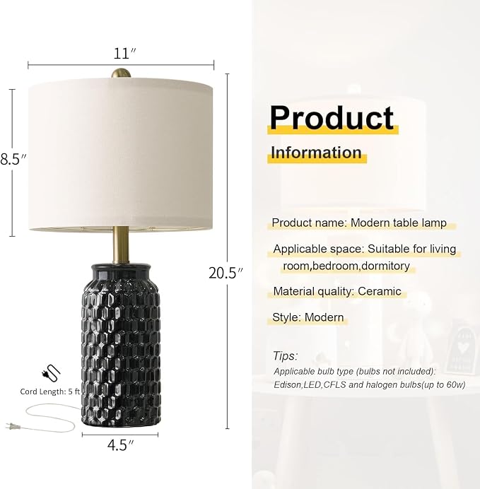 USumkky 20.5" Black Modern Ceramic Bedside Lamp Set of 2 for Bedroom Decor Farmhouse Table Lamp for Living Room Office Dorm