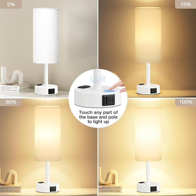 Matte White Bedside Table Lamp for Bedroom - 3 Way Dimmable Touch Lamp USB C Charging Ports and AC Outlet, Small Lamp Round Flaxen Fabric Shade for Living Room, Desk, LED Bulb Included