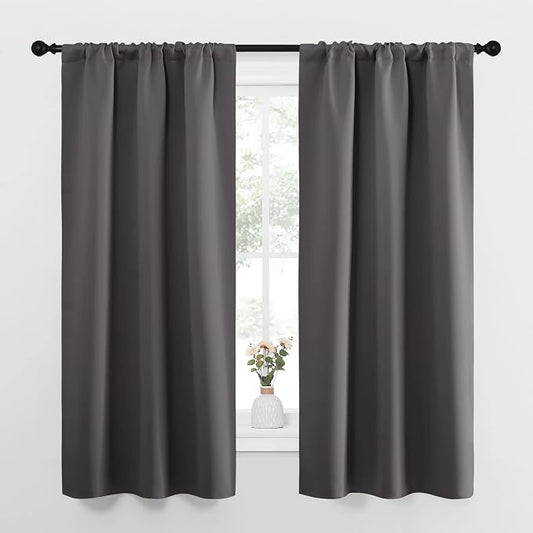 NICETOWN Grey Blackout Curtains for Bedroom 34" Wide x 63" Long 2 Panels | Home Decoration Thermal Insulated Rod Pocket Blinds Drapes for Kitchen Small Windows, Light Blocking Room Darkening Decor