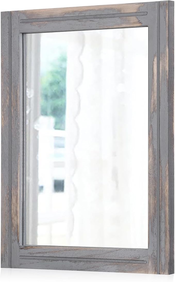 AAZZKANG Wood Framed Mirror Rectangular Rustic Wall Mirrors Decorative Large 26"x18" for Farmhouse Bathroom Living Room Bedroom Grey
