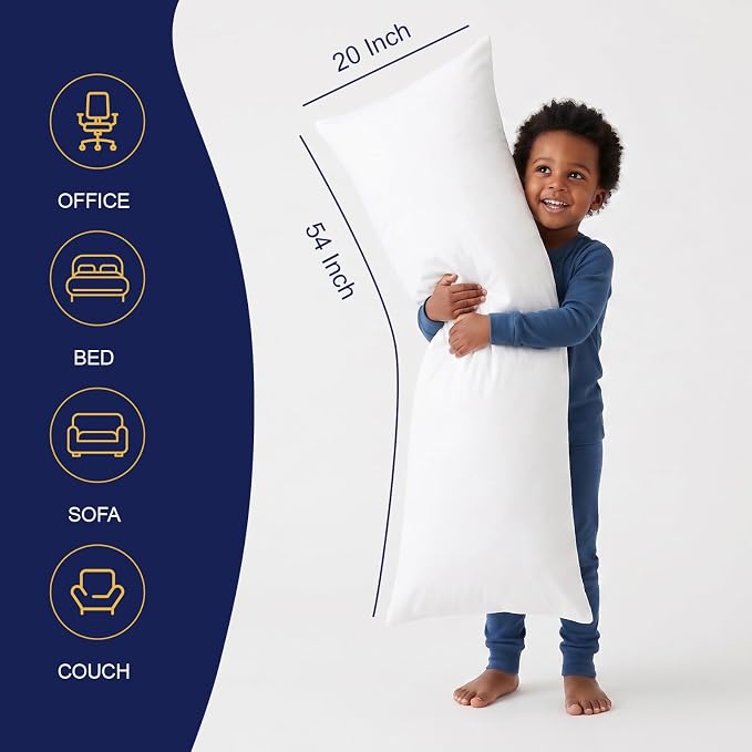 DOWNCOOL Large Body Pillow Insert- Breathable Full Body Pillow for Side Sleeper - Soft Long Bed Pillow for Adults - 20 x 54 inch (White)