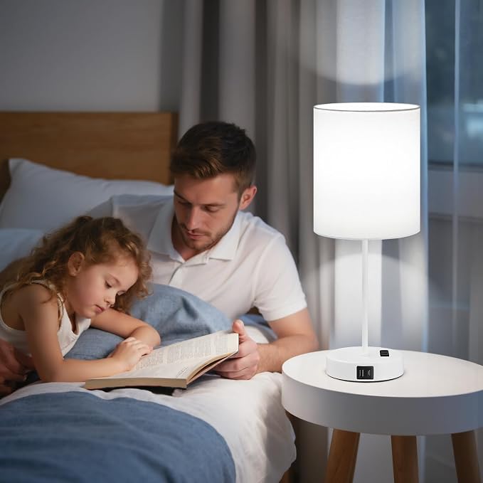 17.6" White Touch Lamps for Bedroom Set of 2 - Dimmable, USB C+A, AC Outlet | Large 17.6" Tall Lamp, 3-Way Dimming, 5000K Daylight Bulbs, White Lampshade White Base, for Living Room, Boys, Men, Girls