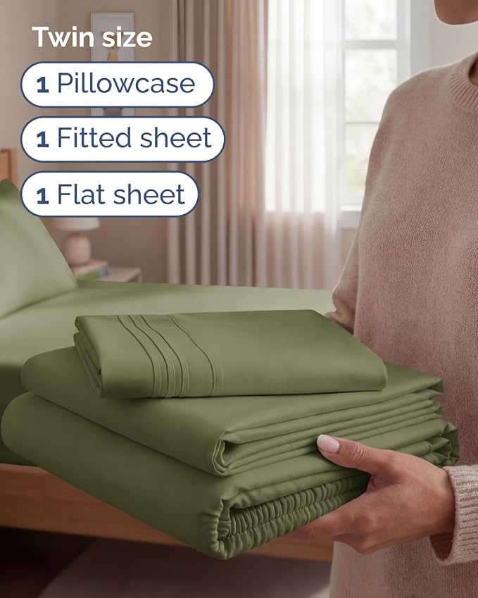 Twin Size 3 Piece Sheet Set - Breathable & Cooling Sheets - Sage Green | Hotel Luxury Bed Sheets for Women & Men, Deep Pockets, Easy-Fit, Extra Soft and Wrinkle Free Sheets, Oeko-Tex Bed Sheet Set