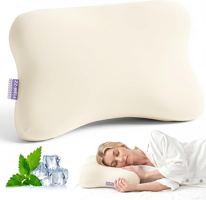 ZZ-WELL Neck Pillow for Sleeping - Side Sleeper Pillow with Cooling Pillowcase - High Density Memory Foam Pillows for Broad Shoulders Adults - Heavy & Thick Bed Pillows, Standard Size (Beige)