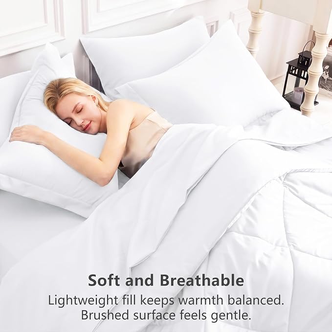 Full Size Comforter Sets White - 7 Pieces Complete Bedding Set | OEKO-TEX Certified, All Season, 240GSM Down-Alternative Comforter, Sheets, Pillowcases & Shams, 14" Deep Pocket, Easy Care