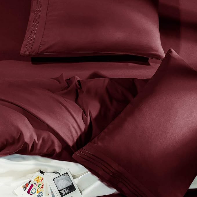 SONORO KATE Bed Sheet Set Super Soft Microfiber 1800 Series Luxury Egyptian Sheets Fit 18-24 Inch Deep Pocket Mattress Wrinkle-6 Piece (Burgundy, Full)