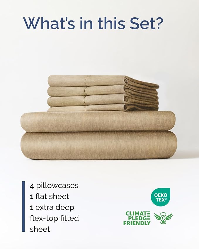 Flex Top Split Head King 6 Piece Sheet Set - Soft & Cooling - Heathered Tan | Ultra Soft Hotel Luxury Bedding Set w/ 8-16 Inch Deep Pockets, 1 Flat & 1 Split-Head Fitted Sheet & 4 Pillowcases, Fade Free