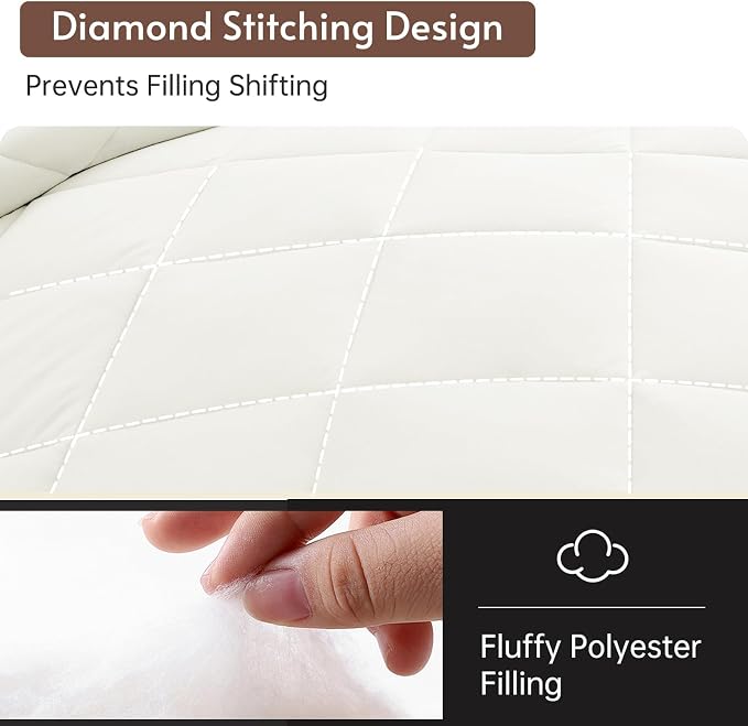 7 Pieces Full Comforter Set, Reversible Bed in a Bag Full Size, All Season Bedding Set with Comforter, Flat Sheet, Fitted Sheet, Pillowcases & Shams, Ivory & Khaki