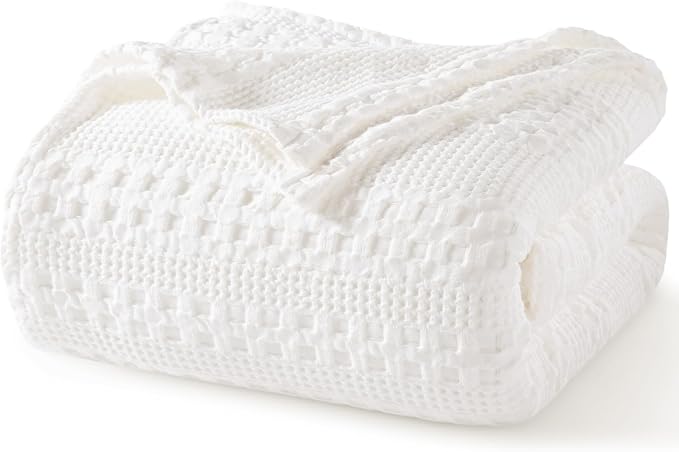 PHF Lightweight 100% Cotton Waffle Blanket for Bed, Queen, White | Pre-Washed Soft Cotton Comfort, Breathable Layering Warmth for Fall & Winter, Bed, Sofa, Couch, Home Decor & Gifts