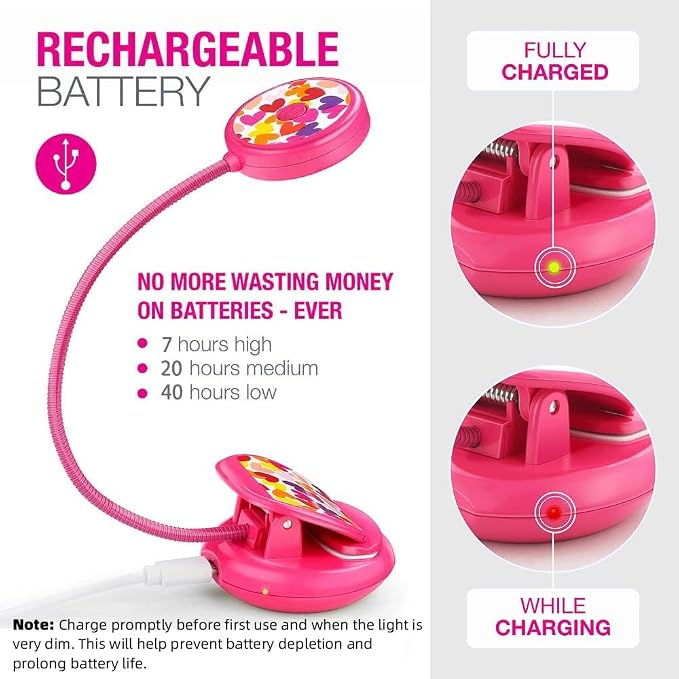 Vekkia Cute Rechargeable Book Light Eye-Care Clip on Lights (Rose Red) | for Reading in Bed/3 Colors & 3 Brightness/1.8oz Lightweight/Up to 40 Hours Useage/Great Gifts for Kids & Readers
