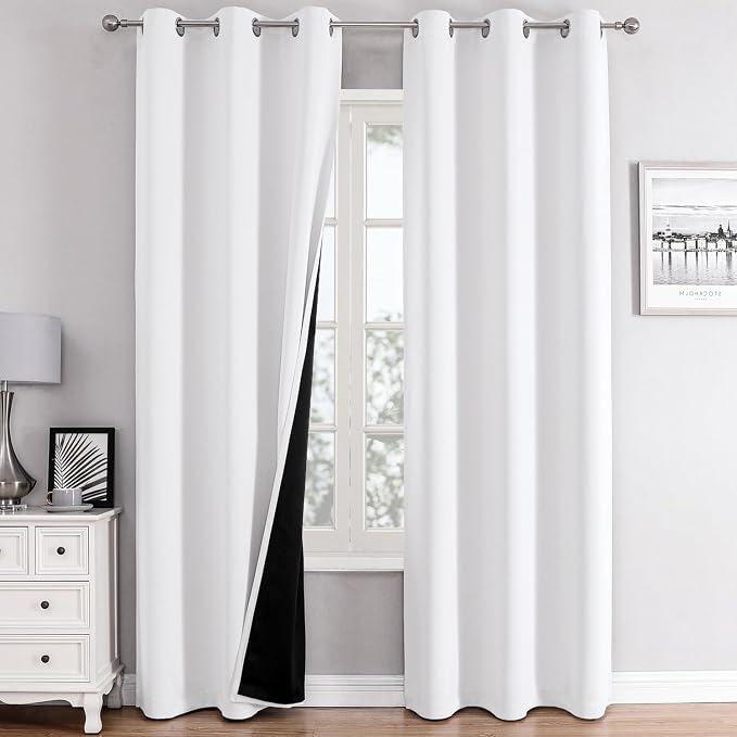 ChrisDowa White 100% Blackout Curtains for Bedroom 84 Inches Long 2 Panels | 2 Thick Layers, Thermal Insulated, Grommet, Window Treatment, Living Room Drapes with Black Liner, Pure White, 38 x 84 Inch