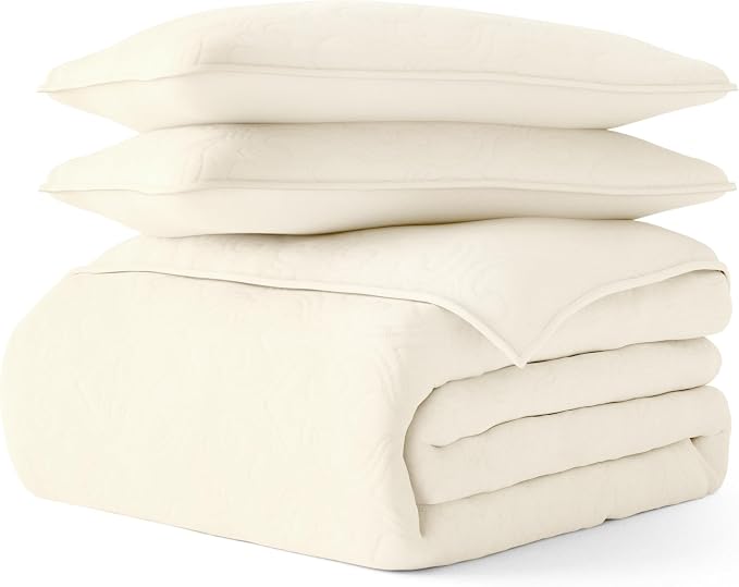 Merit Linens Classic Quilt Coverlet Soft Set in Damask Stitching - Full/Queen Ivory