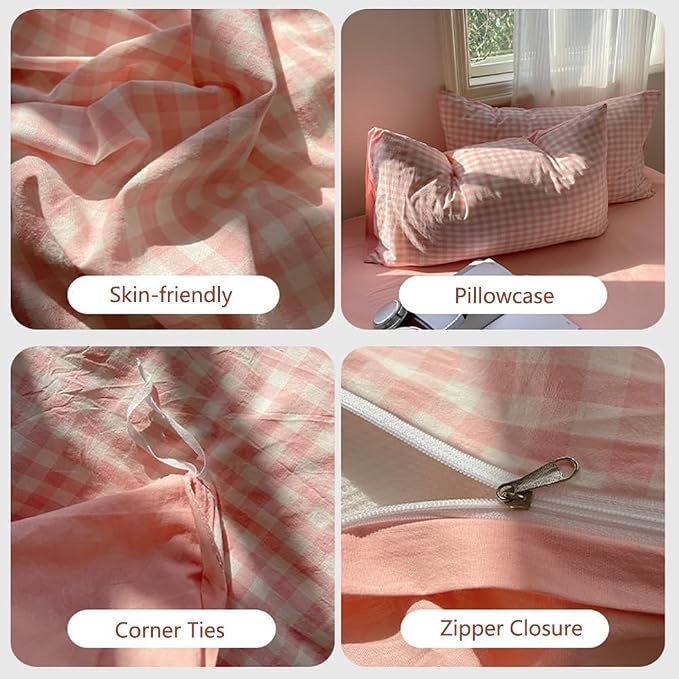 Nayoroom Gingham Duvet Cover Twin Reversible Pink Plaid Checkered Bedding | Soft Breathable Washed Microfiber, All-Season Comfort, Hidden Zipper, 4 Corner Ties, Coquette Modern Farmhouse, Dorm Bedding