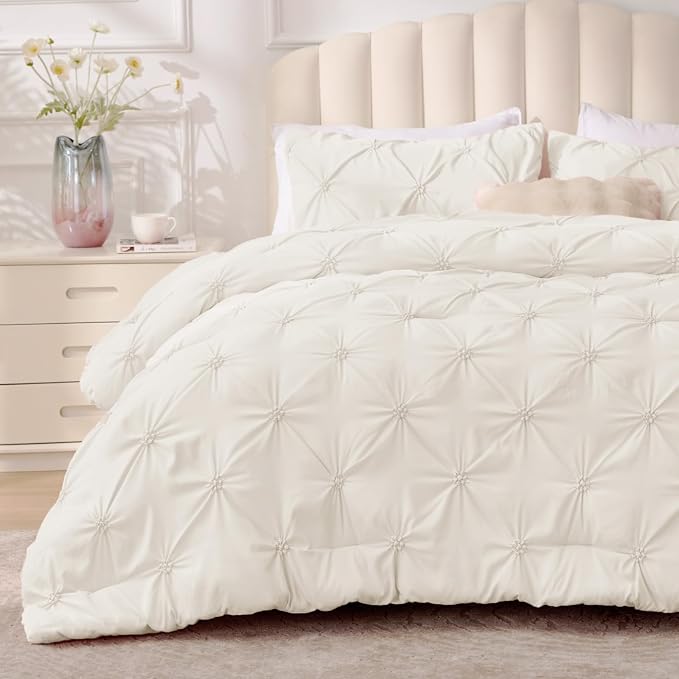 BEDELITE Queen Comforter Set Cream White,Lightweight & Soft Comforter | Pintuck Boho Bedding, Warm & Cute Bed Set for All Season,With 2 Pillowcases