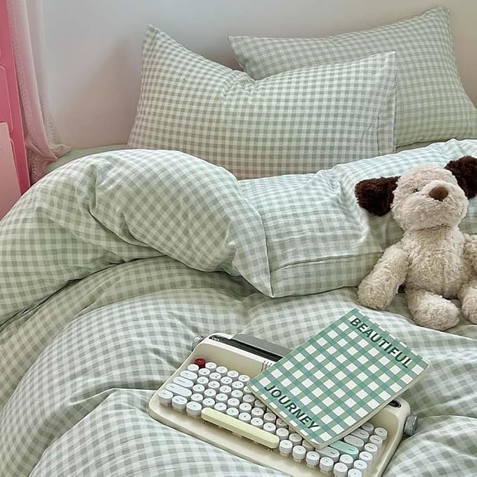 Nayoroom Green Gingham Duvet Cover Set Full Plaid Checkered Bedding | Modern Farmhouse Cottage, Dorm Bedding, Soft Breathable Washed Microfiber, All-Season Comfort, Hidden Zipper, 4 Corner Ties