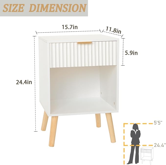 Fultyle White Nightstand, Modern Bedside Table with Drawer and Open Storage, Fluted End Side Table Living Room with Solid Wood Legs for Bedroom (White)