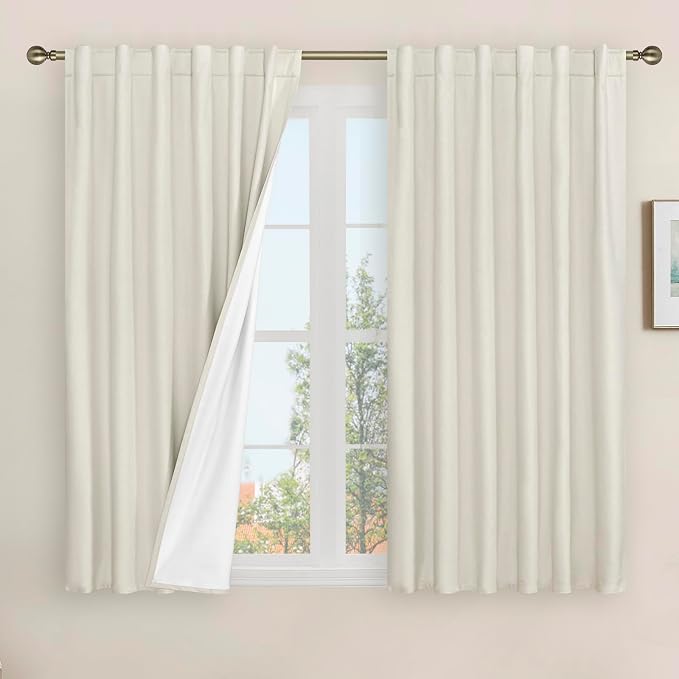 Linen 100% Blackout Window Curtains for Bedroom 45 Inches, 2 Panels | Linen Textured, Thermal, Farmhouse Curtains, Privacy Window Panels, White Liner, Rod Pocket Back Tab, 52 x 45 Inch, Ivory