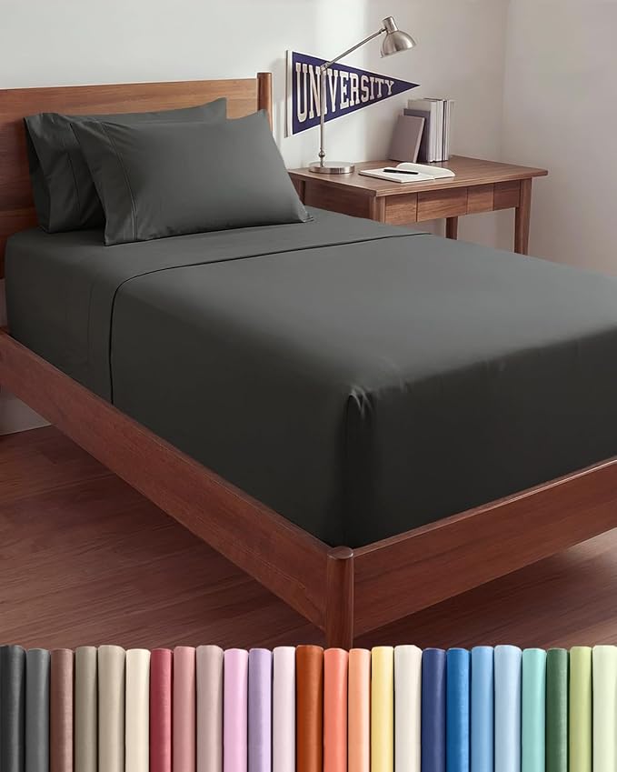 Extra Deep Twin XL Sheet Set - 4 Piece College Dorm Room - Charcoal | College Dorm Room Essentials, Easy & Secure Fit, Ultra-Soft, Wrinkle & Fade Free, Comfy Sheets Set with Extra Deep Pockets