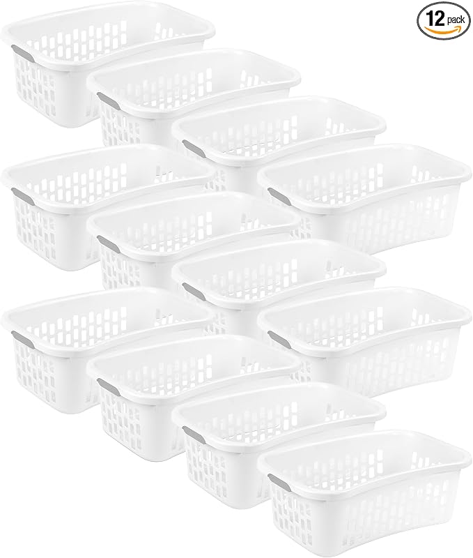 Sterilite 12 Pack HipHold Laundry Basket, Plastic Rectangle Clothes Hamper with Comfort Grip Handles & Reinforced Rim, 1.5 Bushel Capacity, White