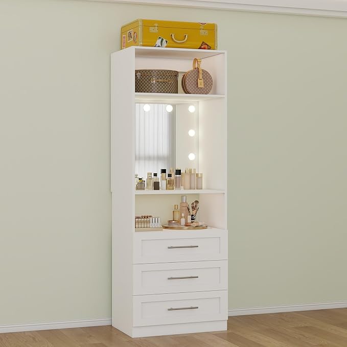 Closet Organizer System with 3 Drawers, 2FT-9.8FT Modular Closet Insert with Lighted Mirror and 4 Adjustable Hanging Rods, Closet System for Custom Closet Organization, White