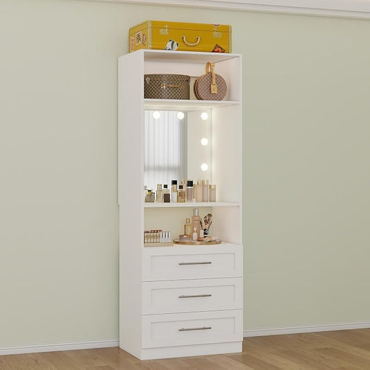 Closet Organizer System with 3 Drawers, 2FT-9.8FT Modular Closet Insert with Lighted Mirror and 4 Adjustable Hanging Rods, Closet System for Custom Closet Organization, White