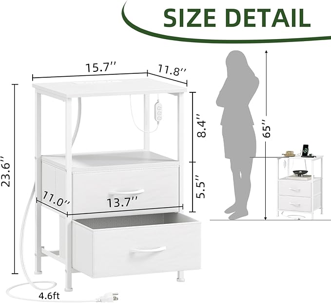 Somdot Nightstand with 2 Drawers, Charging Station & LED Light | Fabric-Bin Dresser for Bedroom, Bedside, Kids Room, Dorm, Closet, Laundry and Entryway, White