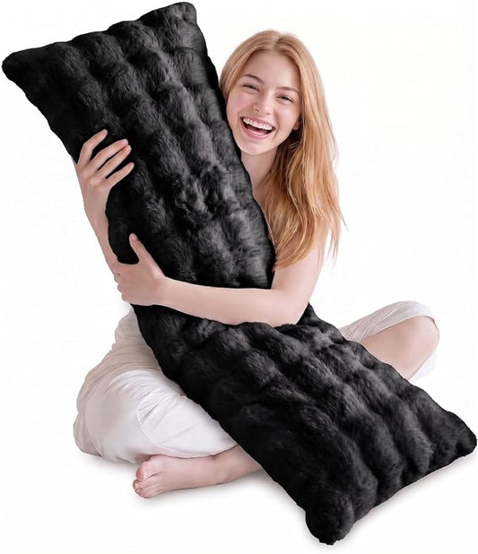 DOWNCOOL Premium Large Body Pillow Insert with Faux Rabbit Fur Cover - Large Full Body Pillows for Adults - Soft Long Bed Pillows for Side Sleepers - 20x54 inch (Black, with Cover)
