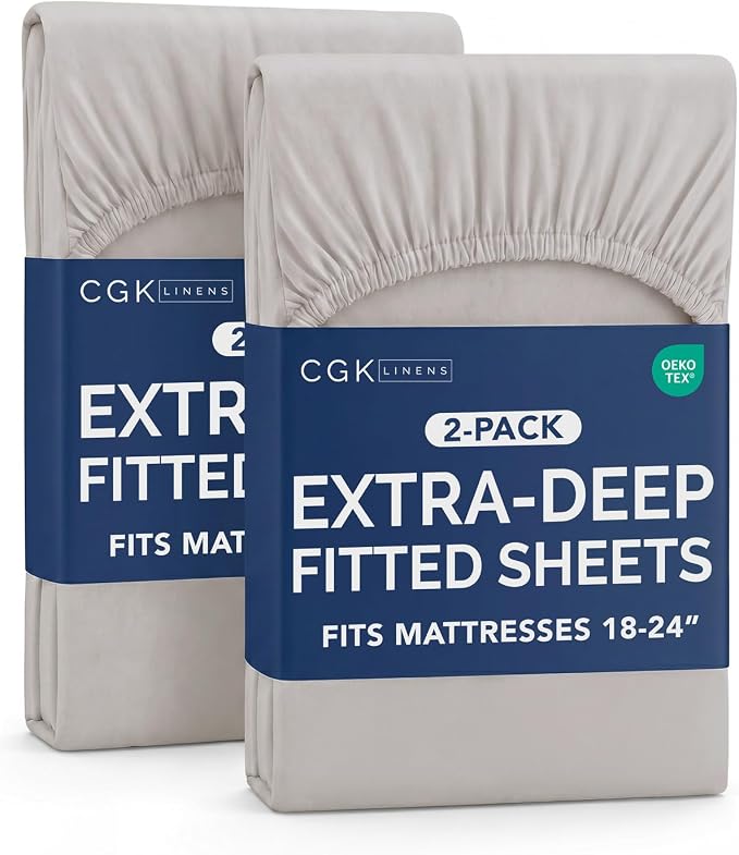 2 Pack Extra Deep Queen Fitted Sheets with Extra Deep Pockets - Light Grey | Hotel Luxury Bottom Fitted Sheets Only, Soft, Fade & Wrinkle Free, Breathable & Comfy, All Around Elastic Fitted Sheets